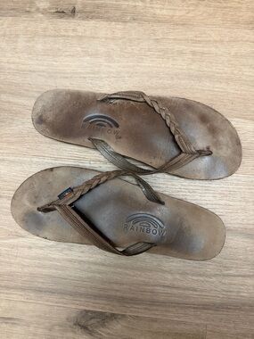 Rainbow Braided Strap Flip Flops - Brown Leather